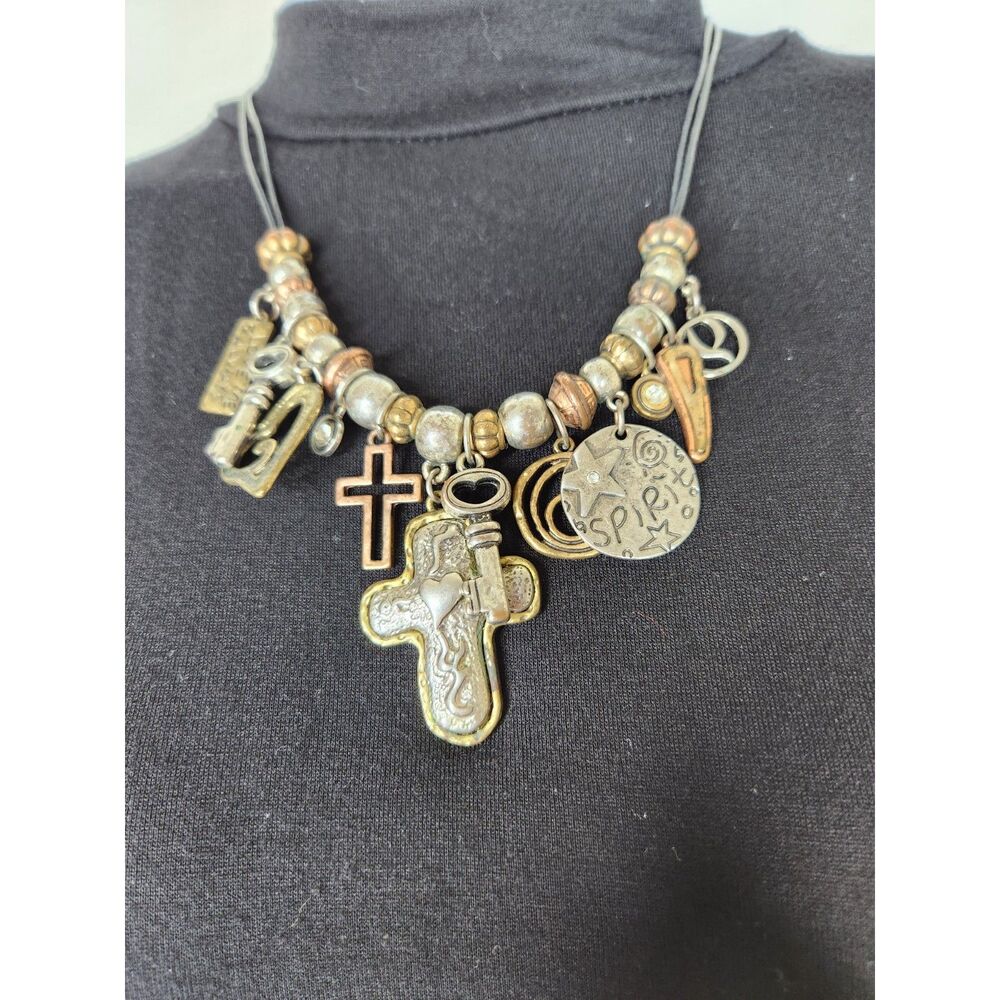 Symbols Mixed Metal Charm Necklace 18" Cross, Heart & Key Pendant Boho Statement